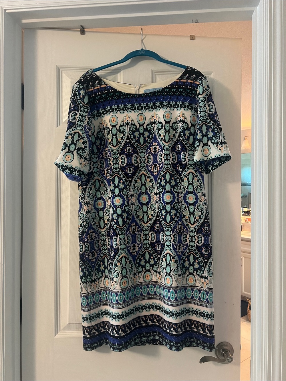 ANTONIO MELANI Blue and Teal Printed Shift Dress